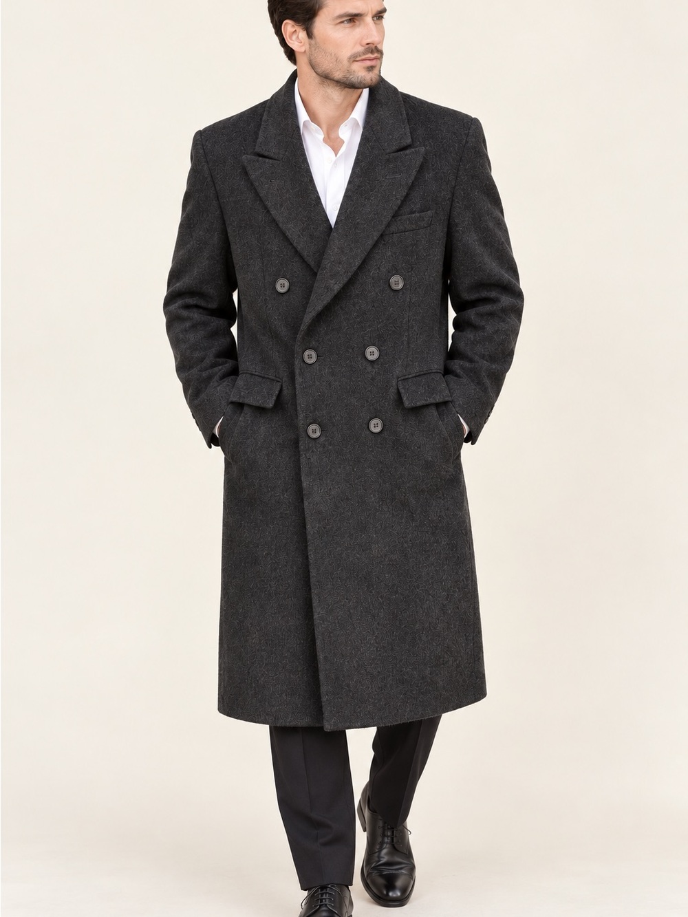 Vintage Men's Charcoal Double-Breasted Pea Coat
